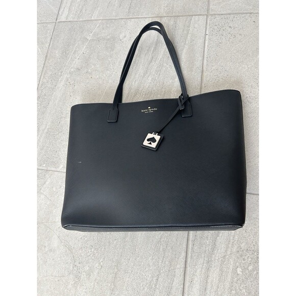 KATE SPADE SATCHEL LARGE TOTE HANDBAG BLACK LEATHER ZIPPED GOLDEN Heart HANG TAG - Picture 1 of 11